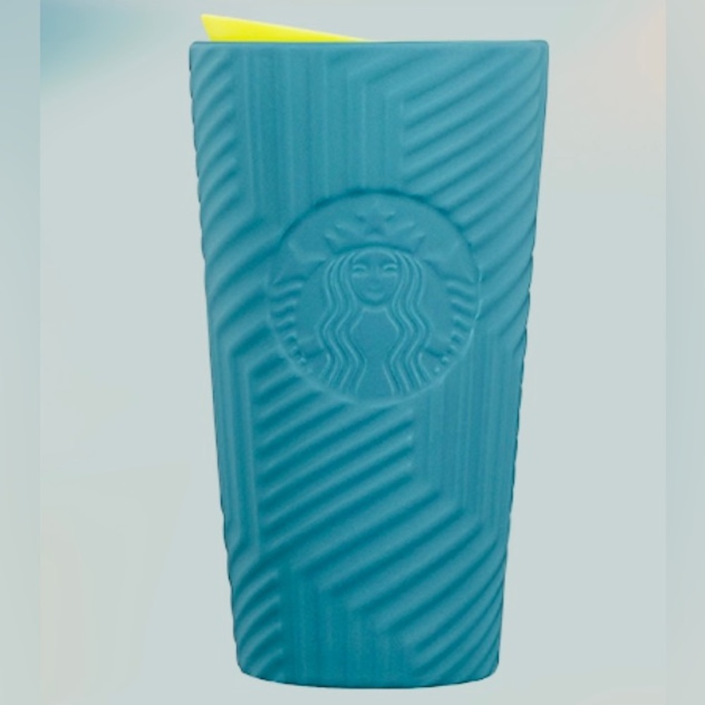 Starbucks Blue Soft Touch Ceramic Cup Geometric Hot Insulated Tumbler 12oz NWT